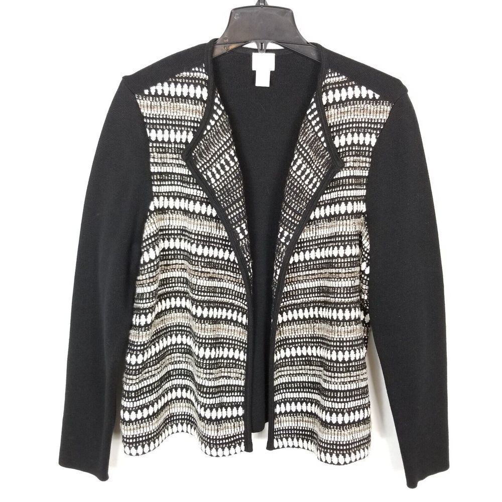 Chico's Women Textured Striped Cardigan Sweater Size 2 US L Black White Button